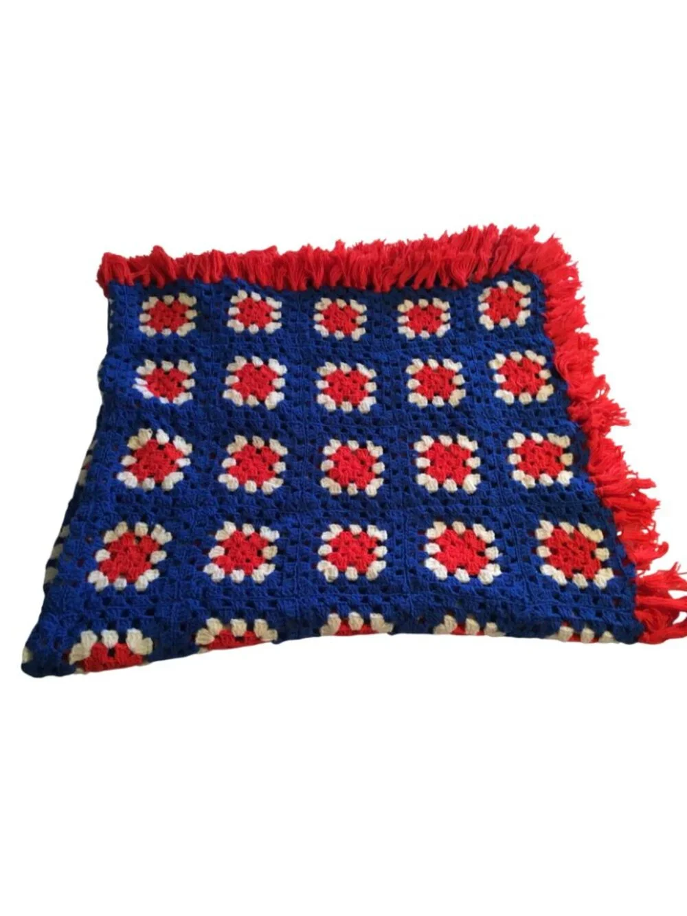 Handmade Crocheted Granny Square Red White Blue Vintage Afghan Throw Blanket
